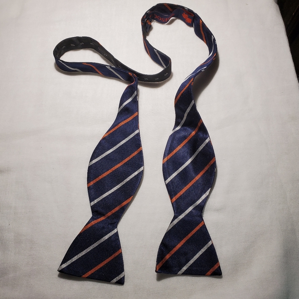 Vtg Rooster Self-tie Luxury Silk Preppy Bow Tie Navy w/ Orange White Stripe Adj - Picture 1 of 4